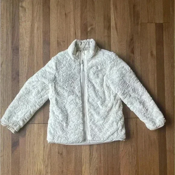 The North Face Reversible Girls Puffer Faux Fur Jacket‎ Sz 18 Cream Ski Winter